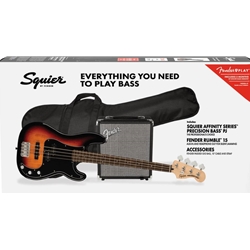 Squier Affinity PJ Bass Pack w/Rumble 15, Gig Bag - 3-Colour Sunburst